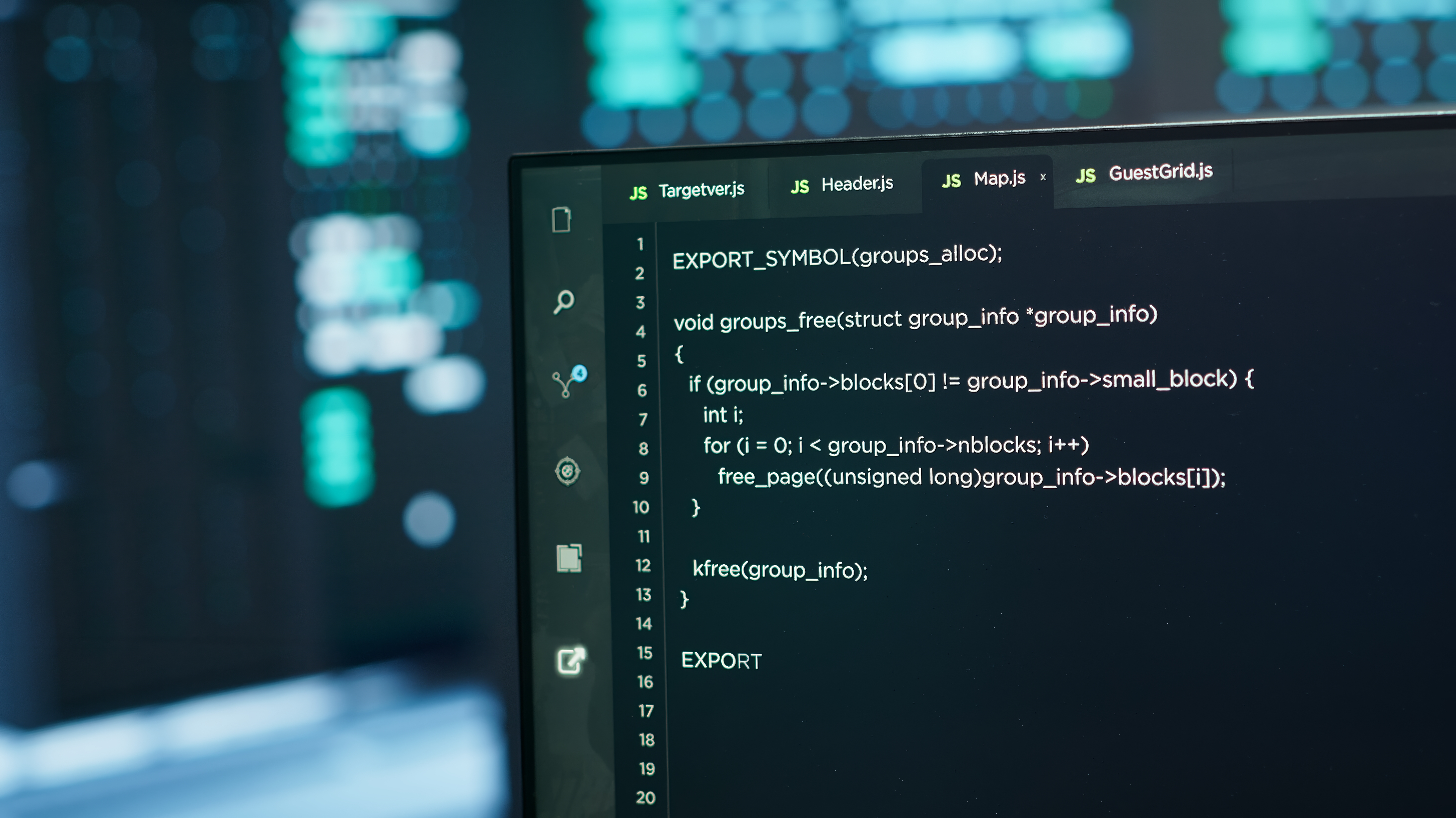 Computers in server hub used to ensure optimal performance and reliability, managing mainframes. Close up of code running on PC display in high tech data center used for overseeing network connections